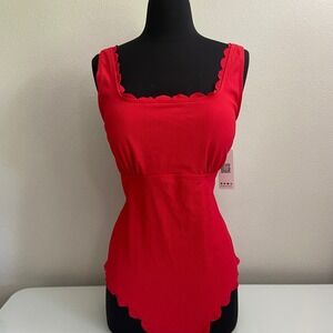 Charmo‎ Red One Piece Swimsuit Scalloped Square Neckline XL Open Back NEW